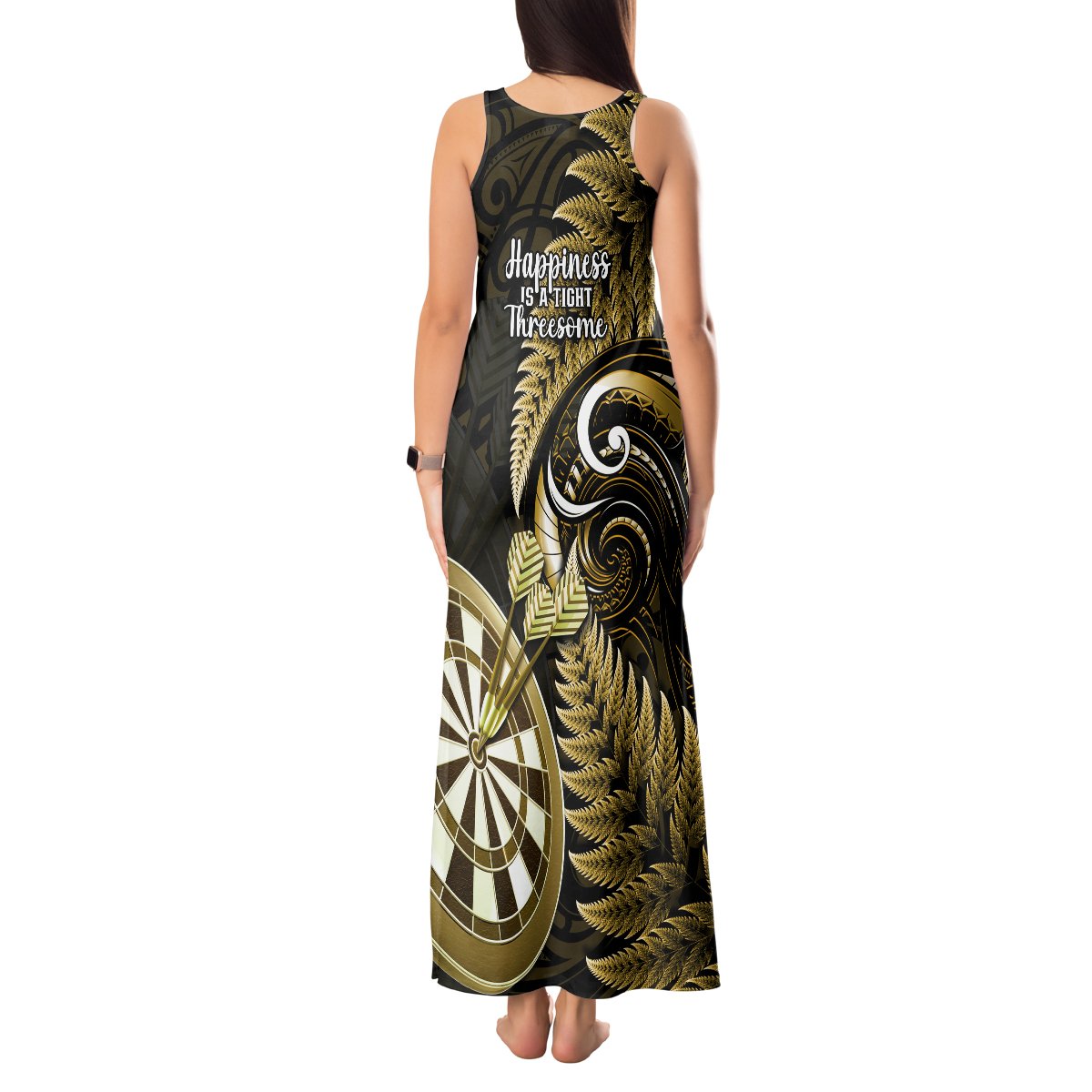 New Zealand Darts Tank Maxi Dress Happiness Is A Tight Threesome Maori Gold LT14 - Polynesian Pride