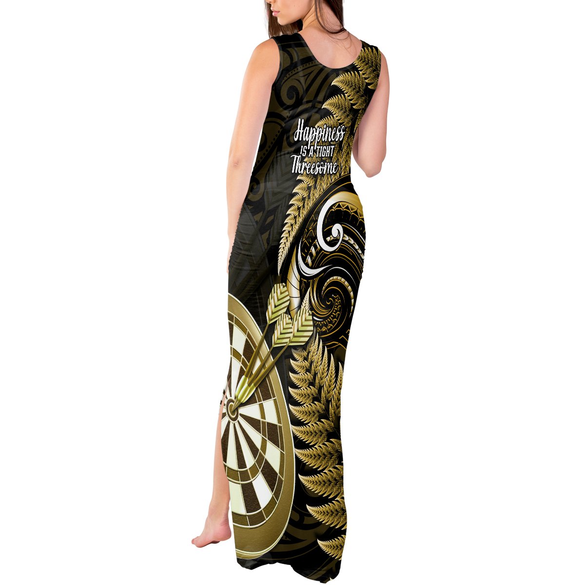New Zealand Darts Tank Maxi Dress Happiness Is A Tight Threesome Maori Gold LT14 - Polynesian Pride