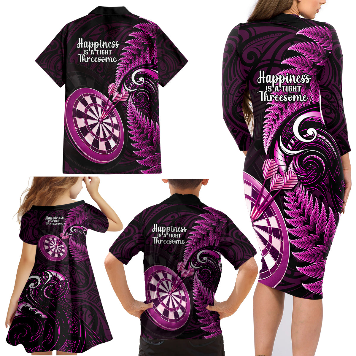New Zealand Darts Family Matching Long Sleeve Bodycon Dress and Hawaiian Shirt Happiness Is A Tight Threesome Maori Pink LT14 - Polynesian Pride