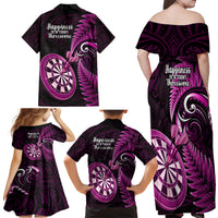 New Zealand Darts Family Matching Off Shoulder Long Sleeve Dress and Hawaiian Shirt Happiness Is A Tight Threesome Maori Pink LT14 - Polynesian Pride