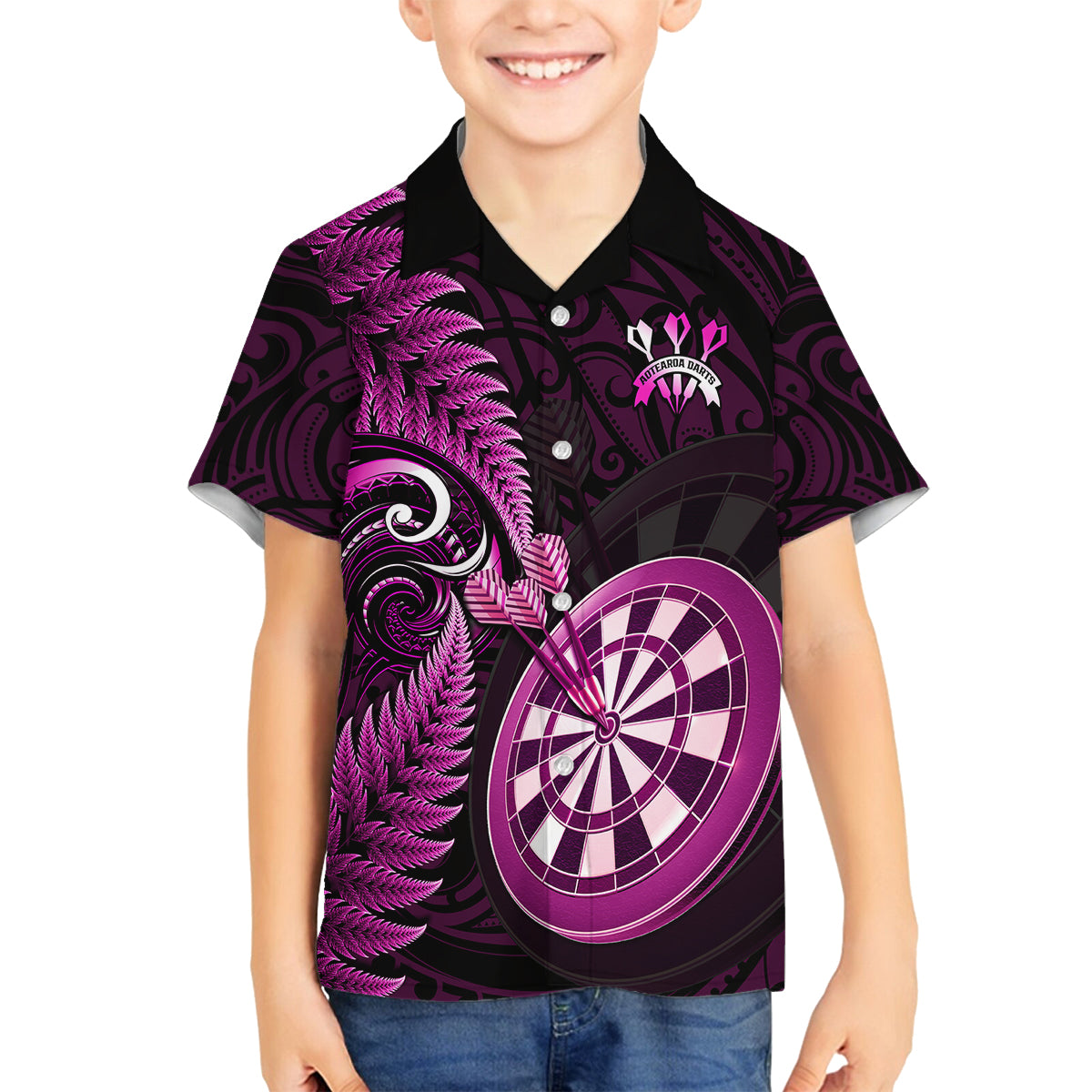 New Zealand Darts Family Matching Off Shoulder Long Sleeve Dress and Hawaiian Shirt Happiness Is A Tight Threesome Maori Pink LT14 Son's Shirt Pink - Polynesian Pride