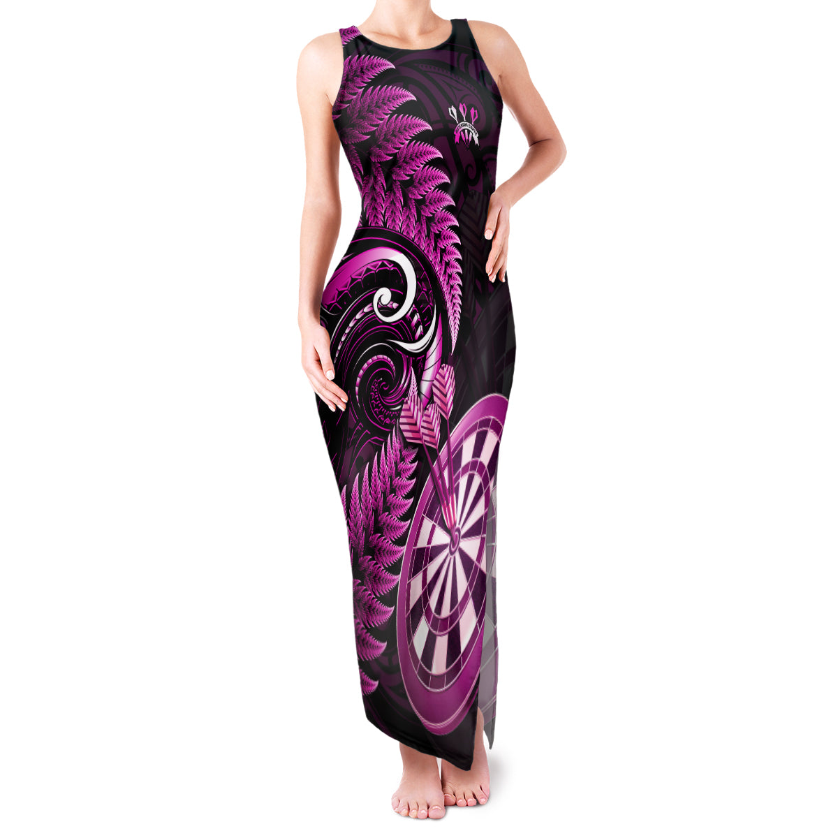Personalised New Zealand Darts Family Matching Tank Maxi Dress and Hawaiian Shirt Happiness Is A Tight Threesome Maori Pink LT14 Mom's Dress Pink - Polynesian Pride