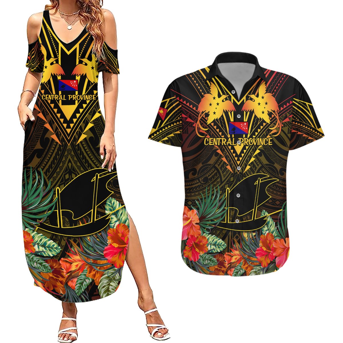 Papua New Guinea Central Province Couples Matching Summer Maxi Dress and Hawaiian Shirt Papua Niugini Coat Of Arms With Flag Style LT14 Black - Polynesian Pride