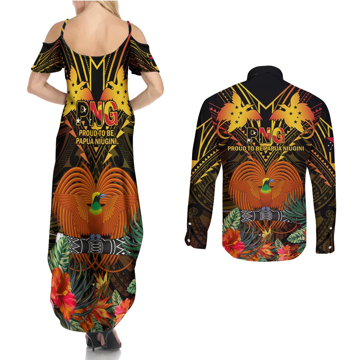 Papua New Guinea Central Province Couples Matching Summer Maxi Dress and Long Sleeve Button Shirts Papua Niugini Coat Of Arms With Flag Style LT14 - Polynesian Pride