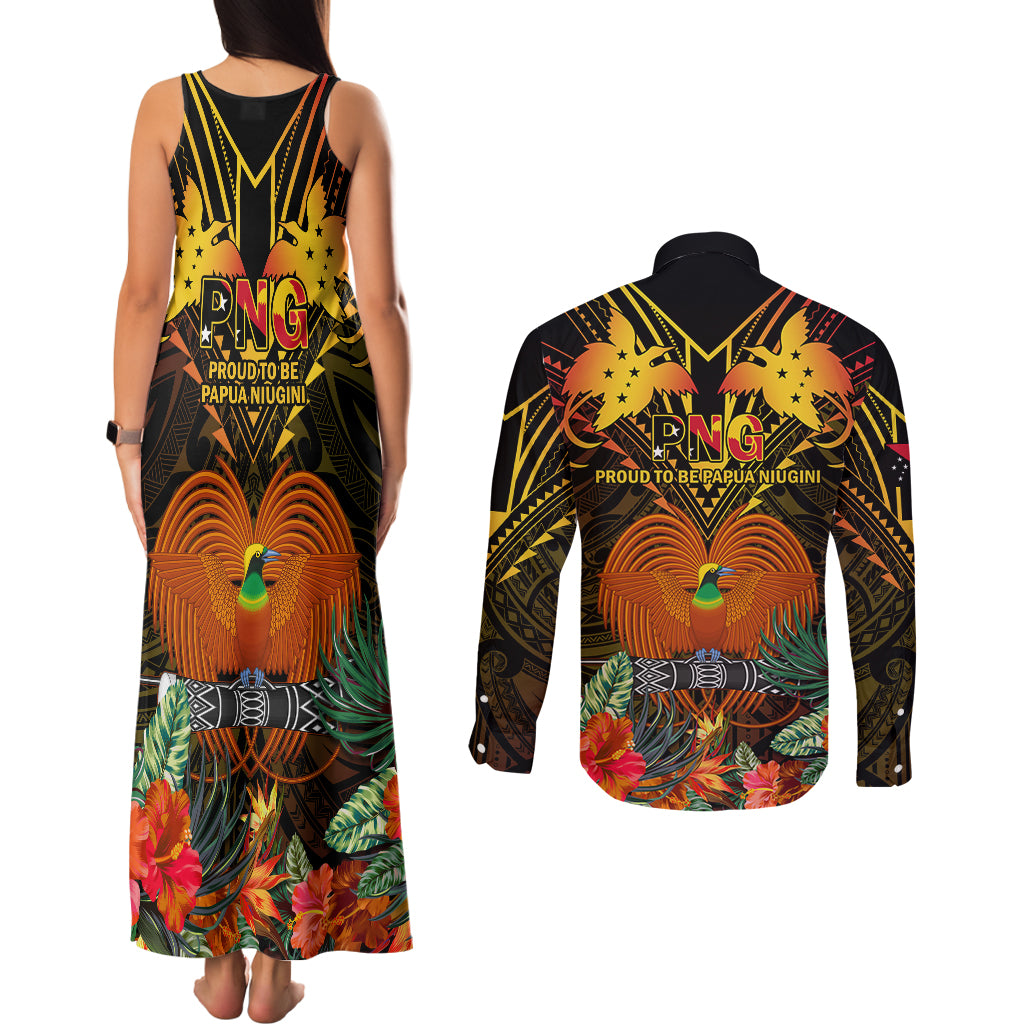 Papua New Guinea Central Province Couples Matching Tank Maxi Dress and Long Sleeve Button Shirts Papua Niugini Coat Of Arms With Flag Style LT14 - Polynesian Pride