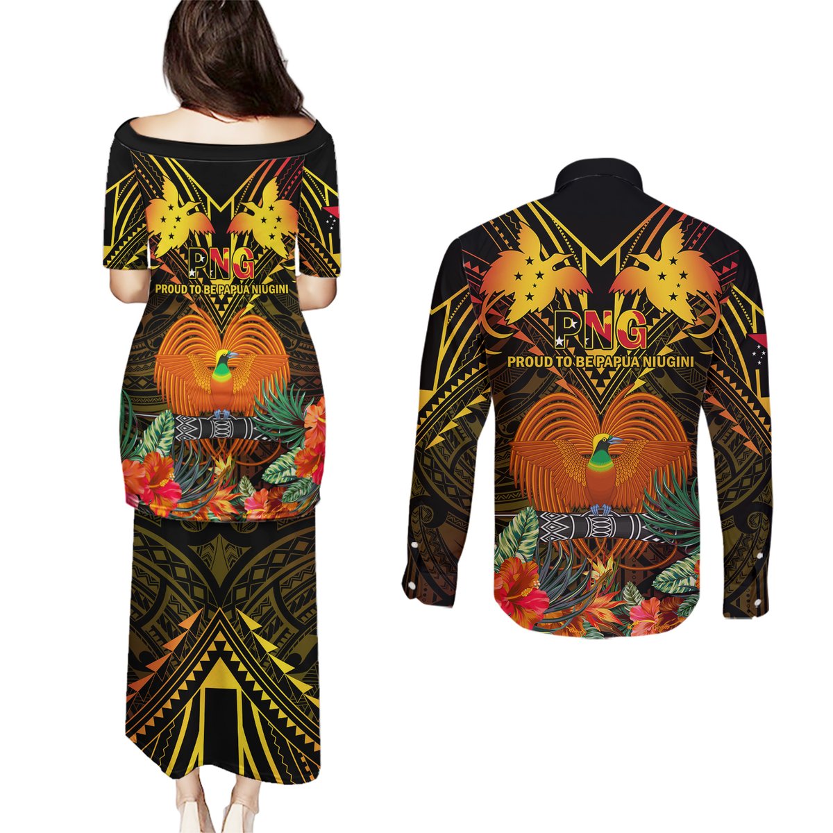 Papua New Guinea East New Britain Province Couples Matching Puletasi Dress and Long Sleeve Button Shirts Papua Niugini Coat Of Arms With Flag Style LT14 - Polynesian Pride