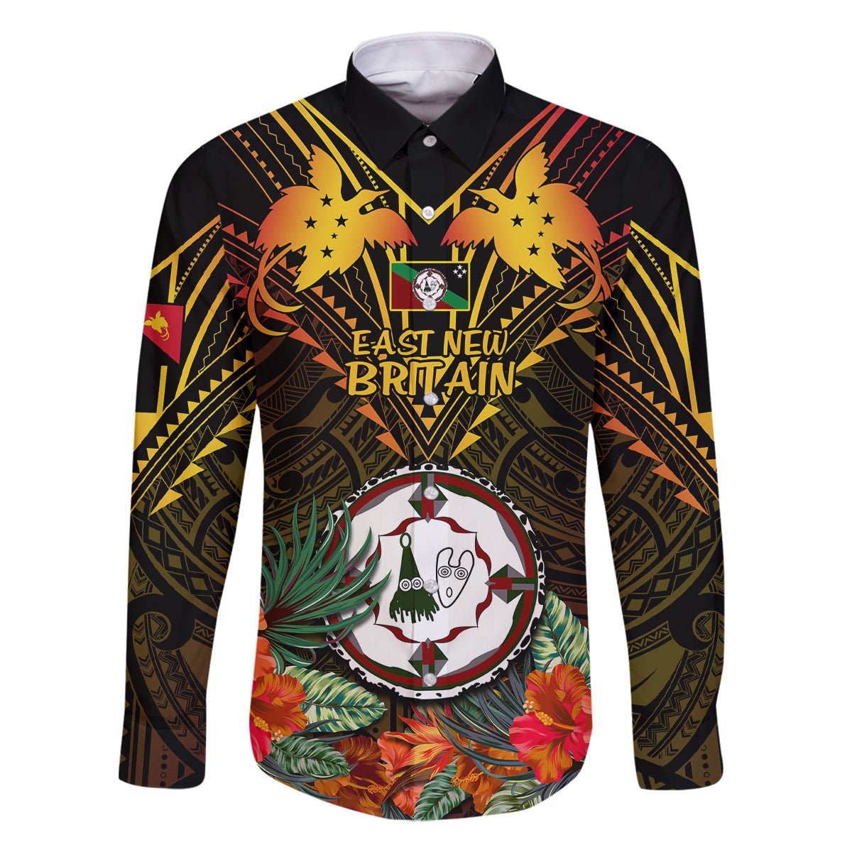 Papua New Guinea East New Britain Province Family Matching Tank Maxi Dress and Hawaiian Shirt Papua Niugini Coat Of Arms With Flag Style LT14 Dad's Shirt - Long Sleeve Black - Polynesian Pride