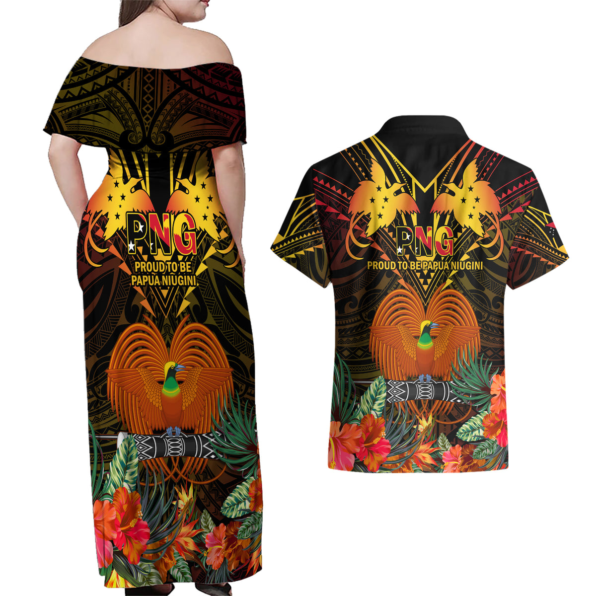 Papua New Guinea Western Province Couples Matching Off Shoulder Maxi Dress and Hawaiian Shirt Papua Niugini Coat Of Arms With Flag Style LT14 - Polynesian Pride