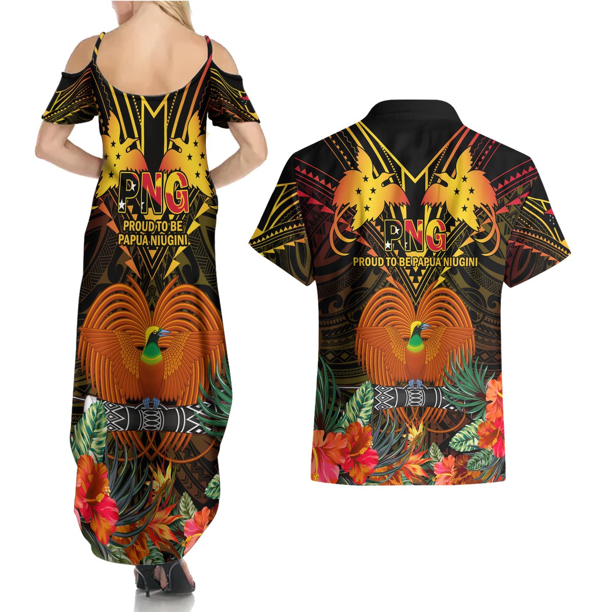 Papua New Guinea Western Province Couples Matching Summer Maxi Dress and Hawaiian Shirt Papua Niugini Coat Of Arms With Flag Style LT14 - Polynesian Pride