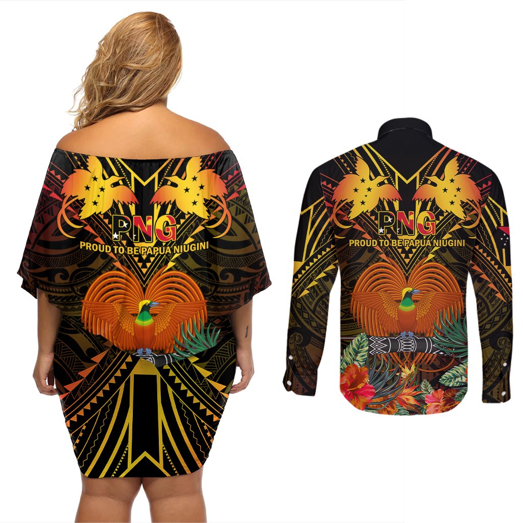 Papua New Guinea Southern Highlands Province Couples Matching Off Shoulder Short Dress and Long Sleeve Button Shirts Papua Niugini Coat Of Arms With Flag Style LT14 - Polynesian Pride