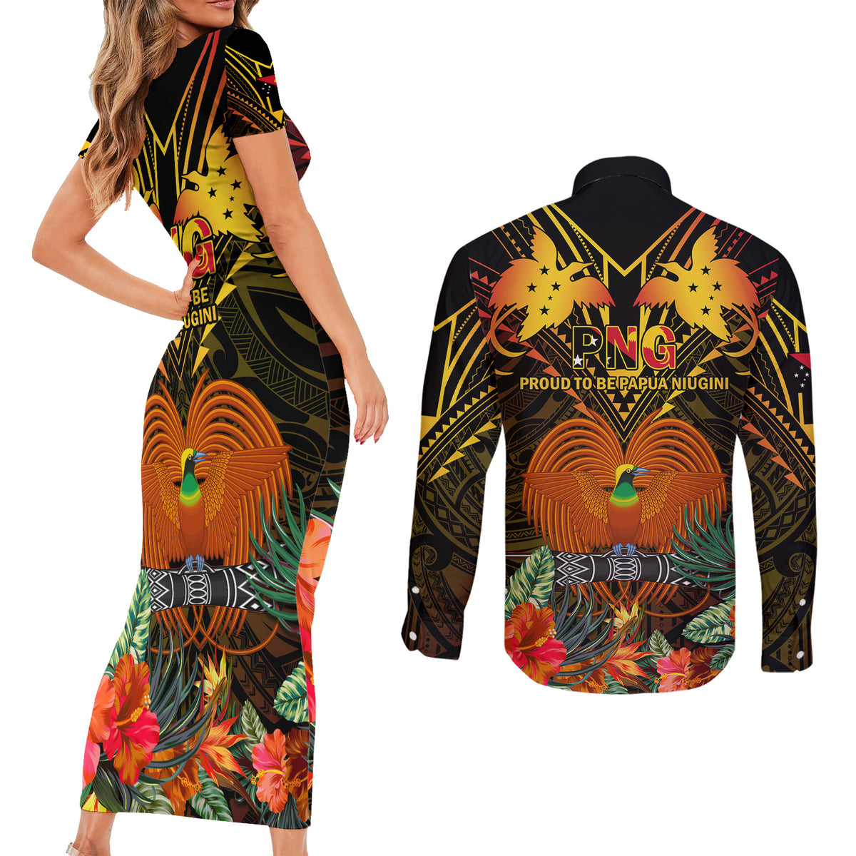 Papua New Guinea Southern Highlands Province Couples Matching Short Sleeve Bodycon Dress and Long Sleeve Button Shirts Papua Niugini Coat Of Arms With Flag Style LT14 - Polynesian Pride