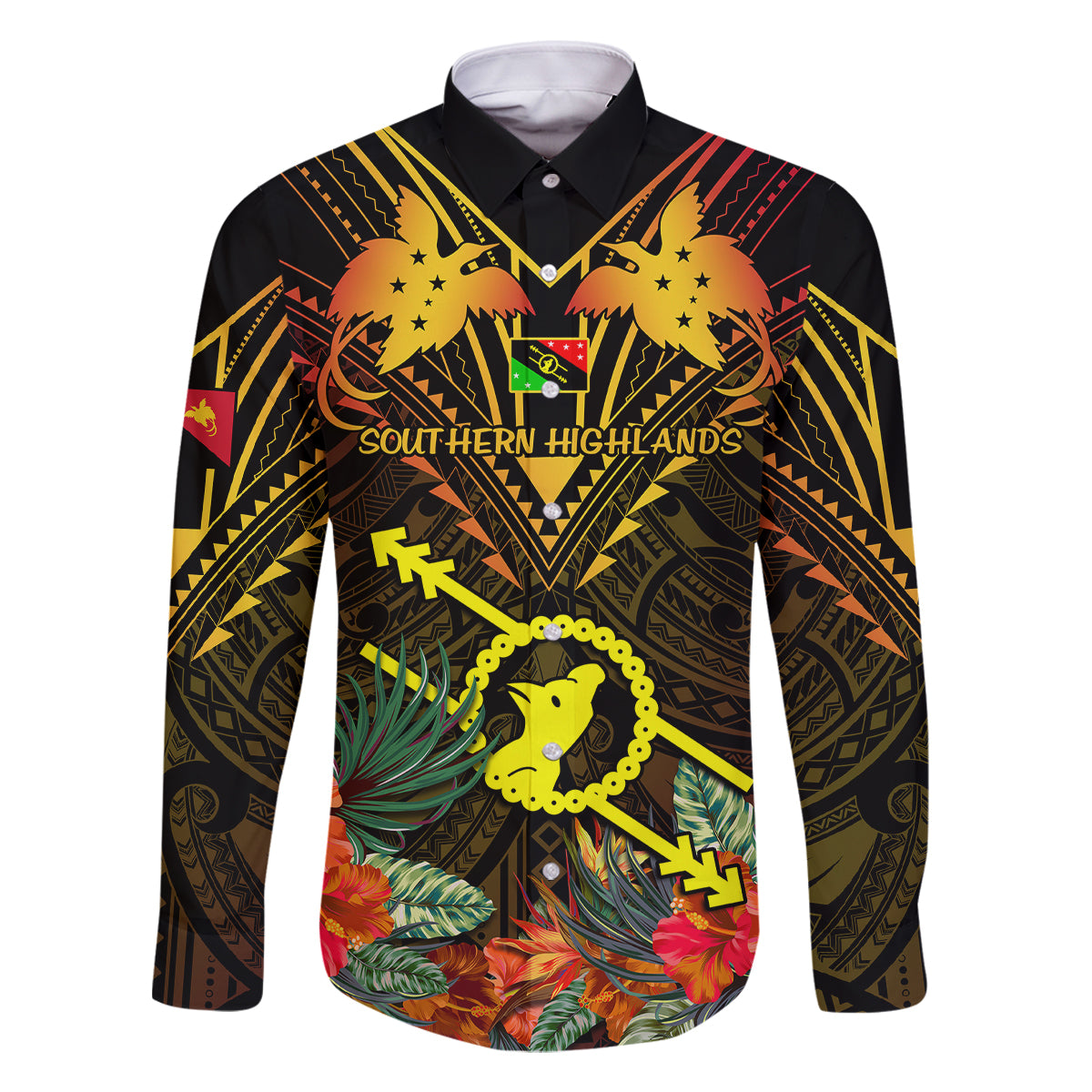 Papua New Guinea Southern Highlands Province Family Matching Off Shoulder Short Dress and Hawaiian Shirt Papua Niugini Coat Of Arms With Flag Style LT14 Dad's Shirt - Long Sleeve Black - Polynesian Pride