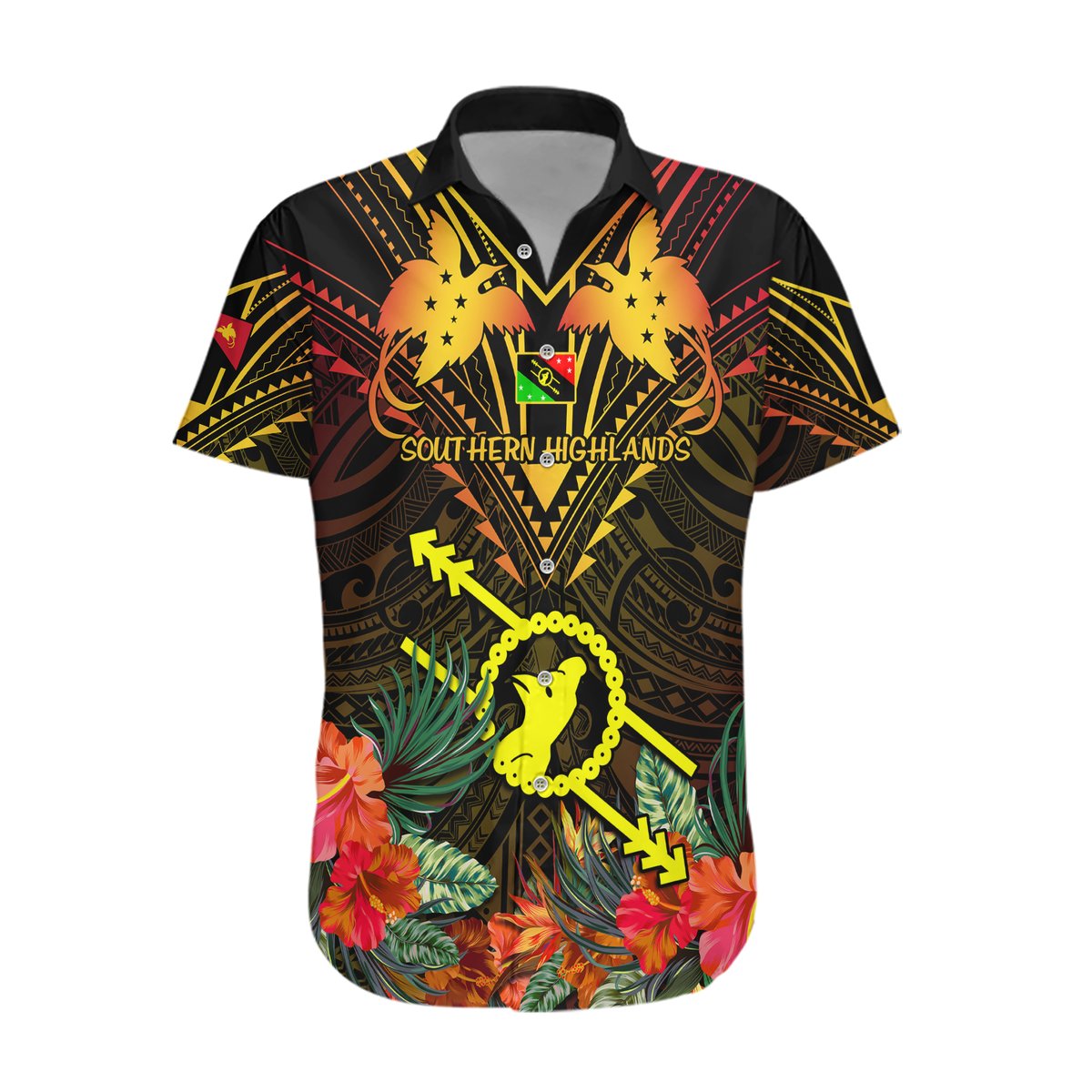 Papua New Guinea Southern Highlands Province Hawaiian Shirt Papua Niugini Coat Of Arms With Flag Style LT14 Black - Polynesian Pride