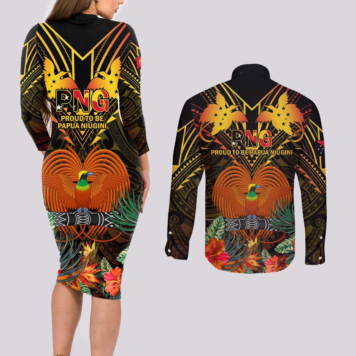 Papua New Guinea Manus Province Couples Matching Long Sleeve Bodycon Dress and Long Sleeve Button Shirts Papua Niugini Coat Of Arms With Flag Style LT14 - Polynesian Pride