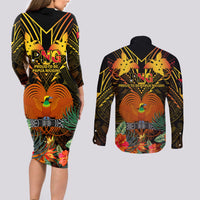 Papua New Guinea Manus Province Couples Matching Long Sleeve Bodycon Dress and Long Sleeve Button Shirts Papua Niugini Coat Of Arms With Flag Style LT14 - Polynesian Pride