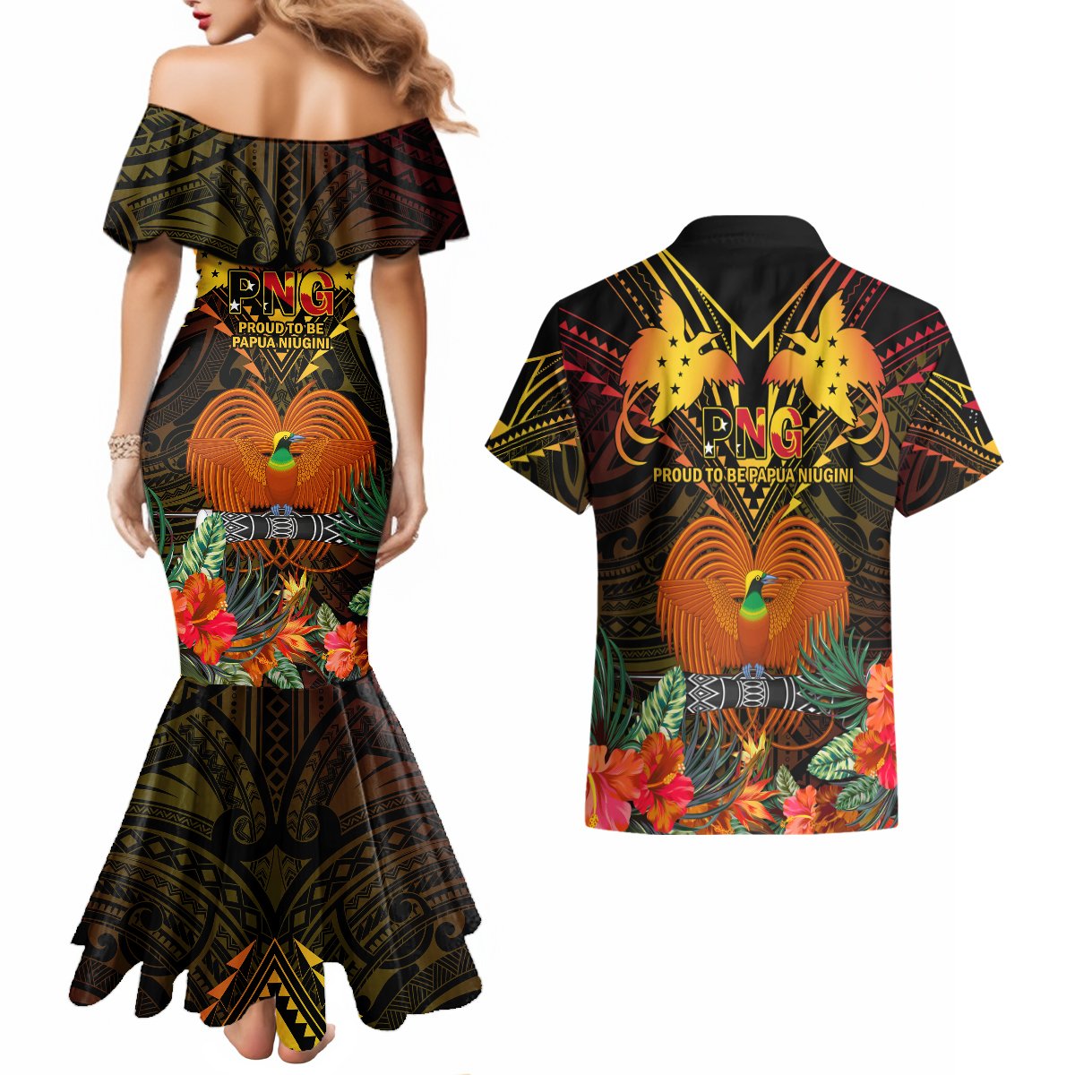 Papua New Guinea Manus Province Couples Matching Mermaid Dress and Hawaiian Shirt Papua Niugini Coat Of Arms With Flag Style LT14 - Polynesian Pride
