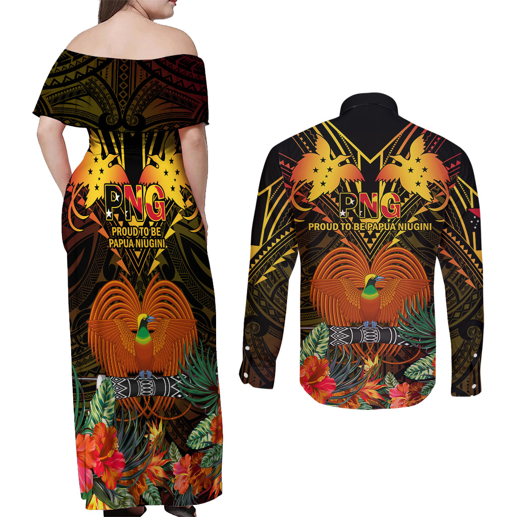 Papua New Guinea Manus Province Couples Matching Off Shoulder Maxi Dress and Long Sleeve Button Shirts Papua Niugini Coat Of Arms With Flag Style LT14 - Polynesian Pride