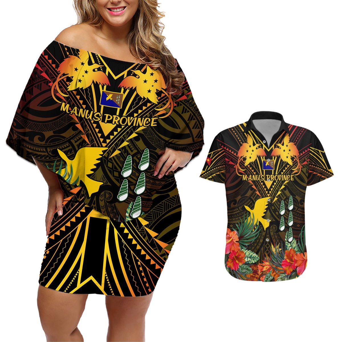 Papua New Guinea Manus Province Couples Matching Off Shoulder Short Dress and Hawaiian Shirt Papua Niugini Coat Of Arms With Flag Style LT14 Black - Polynesian Pride