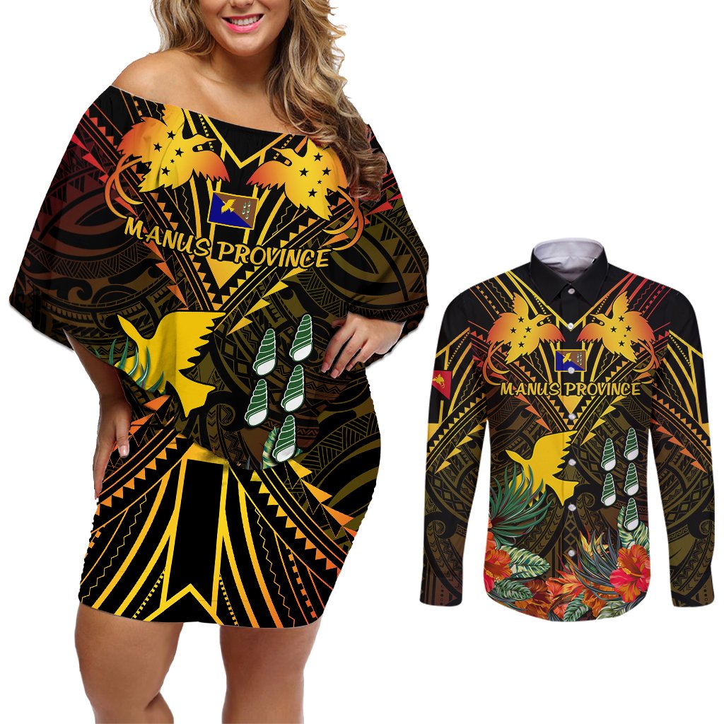 Papua New Guinea Manus Province Couples Matching Off Shoulder Short Dress and Long Sleeve Button Shirts Papua Niugini Coat Of Arms With Flag Style LT14 Black - Polynesian Pride