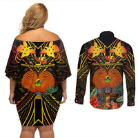 Papua New Guinea Manus Province Couples Matching Off Shoulder Short Dress and Long Sleeve Button Shirts Papua Niugini Coat Of Arms With Flag Style LT14 - Polynesian Pride