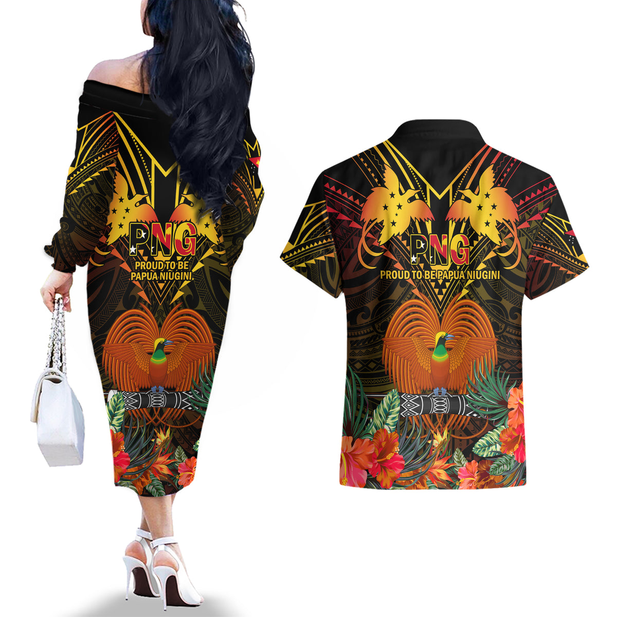 Papua New Guinea Manus Province Couples Matching Off The Shoulder Long Sleeve Dress and Hawaiian Shirt Papua Niugini Coat Of Arms With Flag Style LT14 - Polynesian Pride