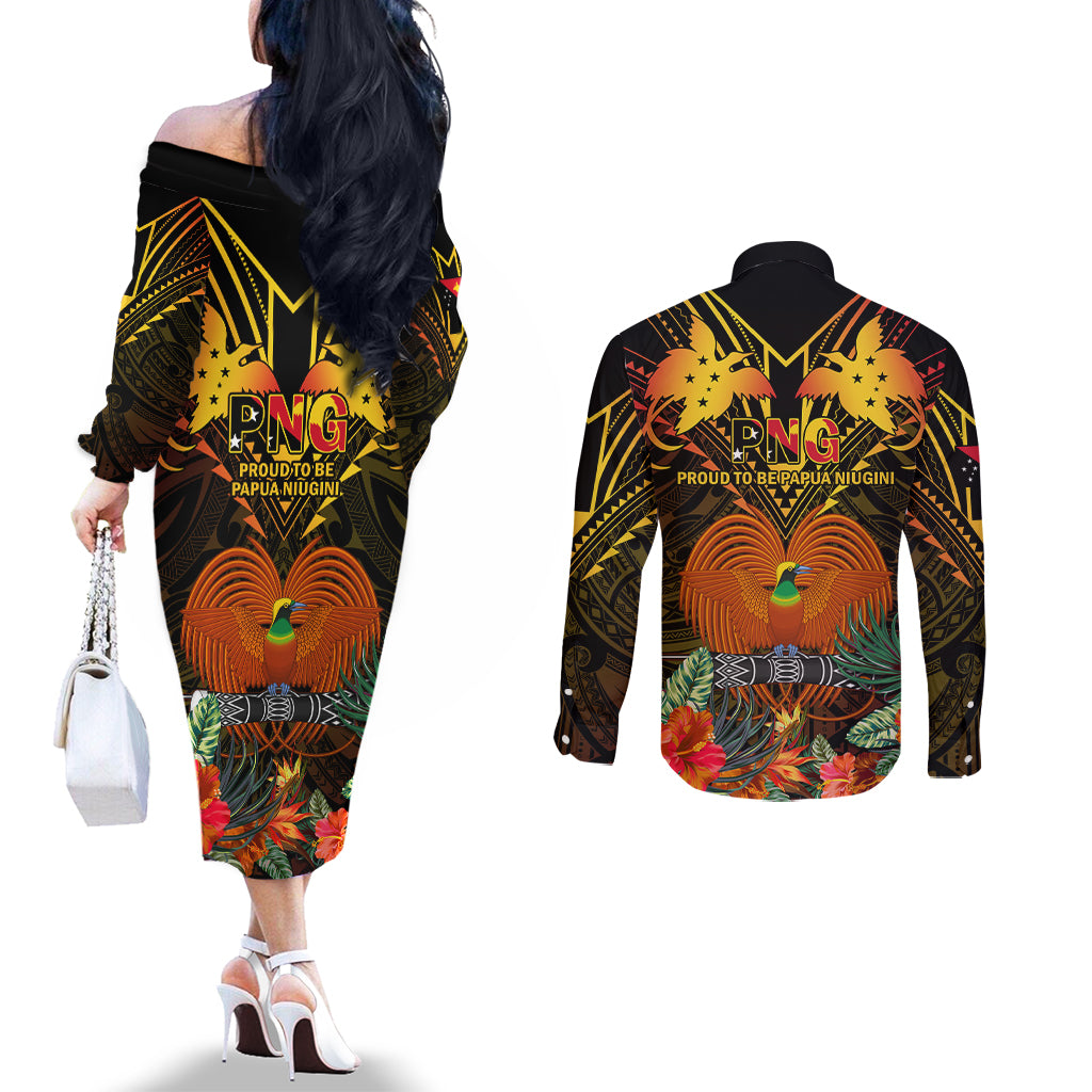 Papua New Guinea Manus Province Couples Matching Off The Shoulder Long Sleeve Dress and Long Sleeve Button Shirts Papua Niugini Coat Of Arms With Flag Style LT14 - Polynesian Pride