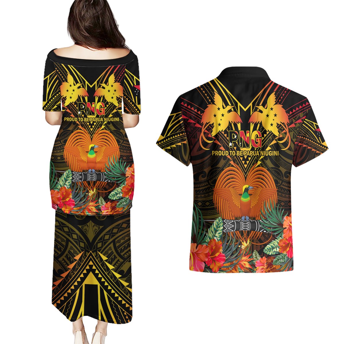 Papua New Guinea Manus Province Couples Matching Puletasi Dress and Hawaiian Shirt Papua Niugini Coat Of Arms With Flag Style LT14 - Polynesian Pride