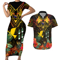 Papua New Guinea Manus Province Couples Matching Short Sleeve Bodycon Dress and Hawaiian Shirt Papua Niugini Coat Of Arms With Flag Style LT14 Black - Polynesian Pride
