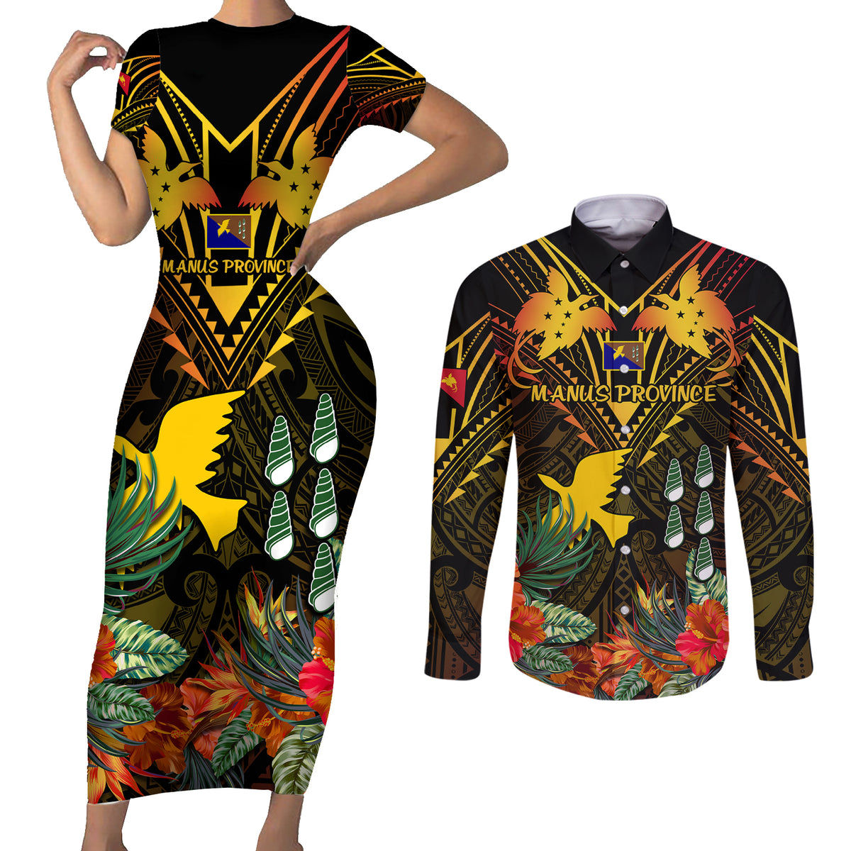 Papua New Guinea Manus Province Couples Matching Short Sleeve Bodycon Dress and Long Sleeve Button Shirts Papua Niugini Coat Of Arms With Flag Style LT14 Black - Polynesian Pride