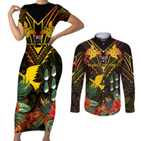 Papua New Guinea Manus Province Couples Matching Short Sleeve Bodycon Dress and Long Sleeve Button Shirts Papua Niugini Coat Of Arms With Flag Style LT14 Black - Polynesian Pride
