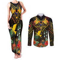 Papua New Guinea Manus Province Couples Matching Tank Maxi Dress and Long Sleeve Button Shirts Papua Niugini Coat Of Arms With Flag Style LT14 Black - Polynesian Pride