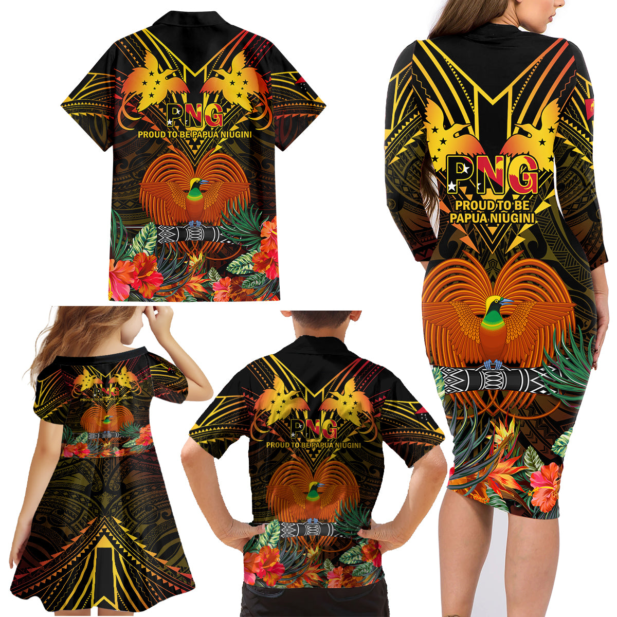 Papua New Guinea Manus Province Family Matching Long Sleeve Bodycon Dress and Hawaiian Shirt Papua Niugini Coat Of Arms With Flag Style LT14 - Polynesian Pride