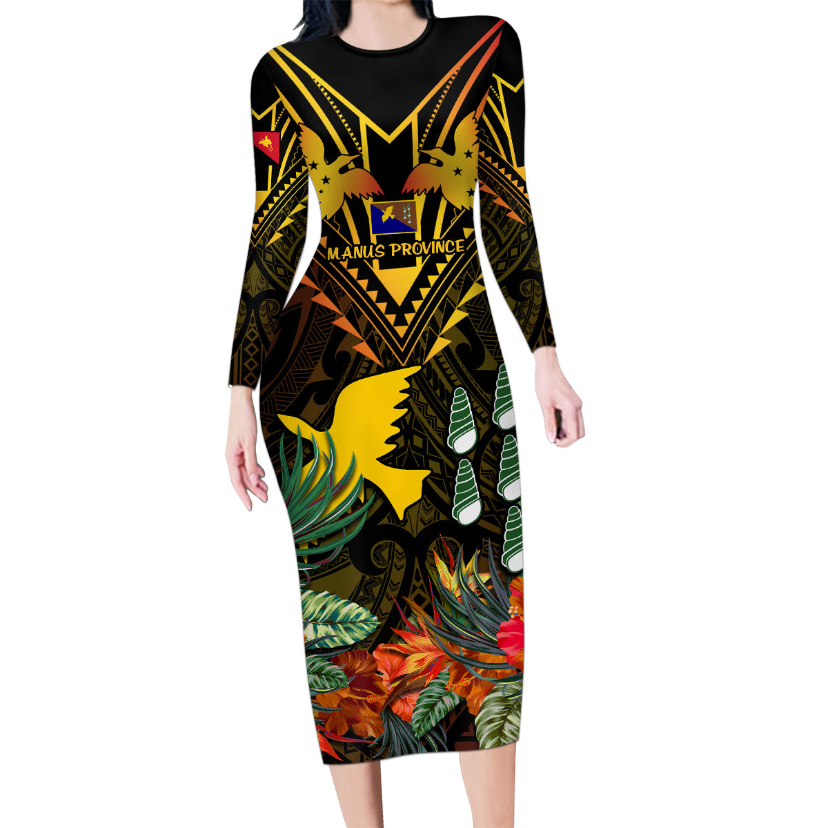 Papua New Guinea Manus Province Family Matching Long Sleeve Bodycon Dress and Hawaiian Shirt Papua Niugini Coat Of Arms With Flag Style LT14 Mom's Dress Black - Polynesian Pride