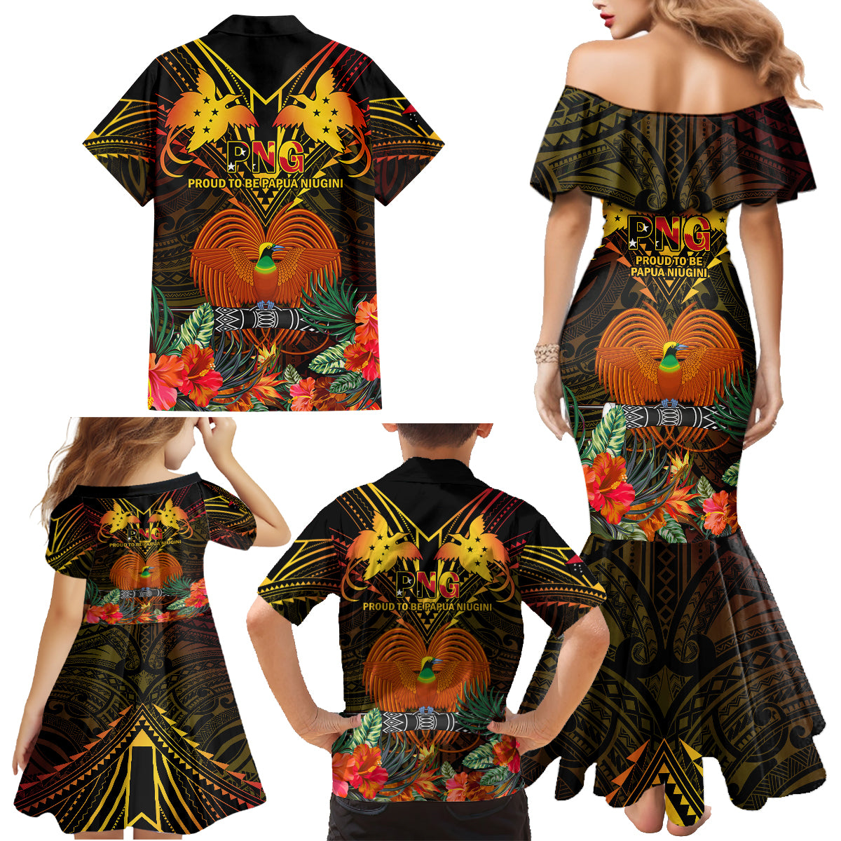 Papua New Guinea Manus Province Family Matching Mermaid Dress and Hawaiian Shirt Papua Niugini Coat Of Arms With Flag Style LT14 - Polynesian Pride