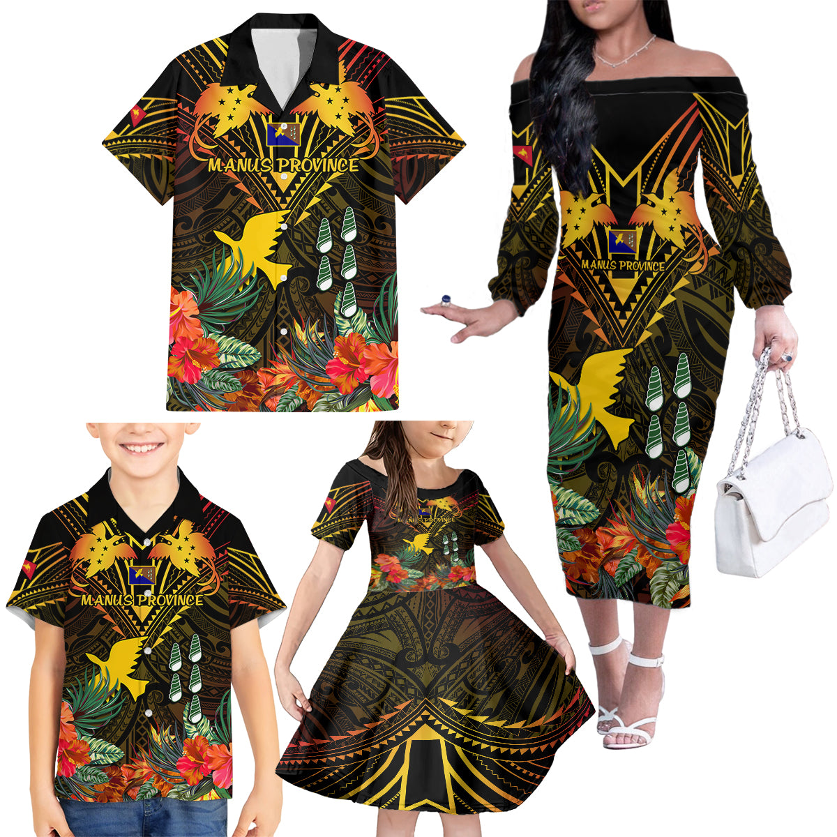 Papua New Guinea Manus Province Family Matching Off Shoulder Long Sleeve Dress and Hawaiian Shirt Papua Niugini Coat Of Arms With Flag Style LT14 - Polynesian Pride
