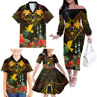 Papua New Guinea Manus Province Family Matching Off Shoulder Long Sleeve Dress and Hawaiian Shirt Papua Niugini Coat Of Arms With Flag Style LT14 - Polynesian Pride