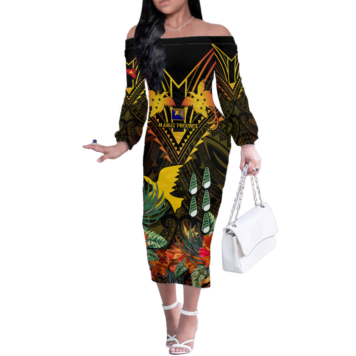 Papua New Guinea Manus Province Family Matching Off Shoulder Long Sleeve Dress and Hawaiian Shirt Papua Niugini Coat Of Arms With Flag Style LT14 Mom's Dress Black - Polynesian Pride