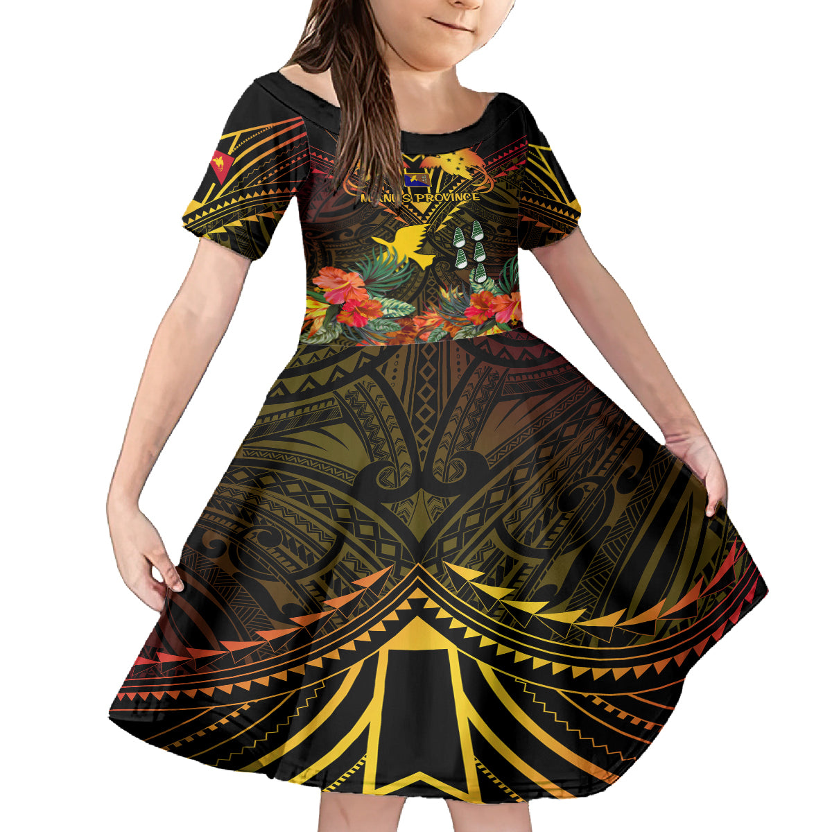 Papua New Guinea Manus Province Family Matching Off Shoulder Short Dress and Hawaiian Shirt Papua Niugini Coat Of Arms With Flag Style LT14 Daughter's Dress Black - Polynesian Pride