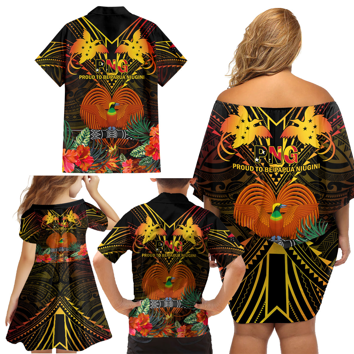 Papua New Guinea Manus Province Family Matching Off Shoulder Short Dress and Hawaiian Shirt Papua Niugini Coat Of Arms With Flag Style LT14 - Polynesian Pride