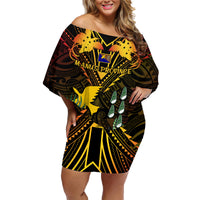 Papua New Guinea Manus Province Family Matching Off Shoulder Short Dress and Hawaiian Shirt Papua Niugini Coat Of Arms With Flag Style LT14 Mom's Dress Black - Polynesian Pride