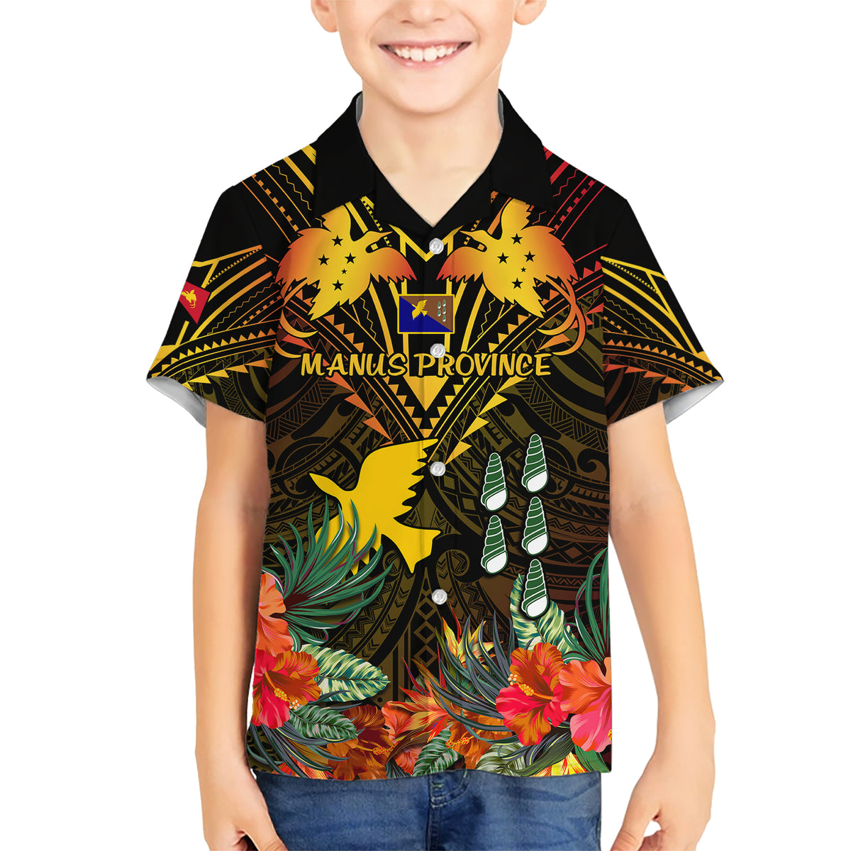 Papua New Guinea Manus Province Family Matching Short Sleeve Bodycon Dress and Hawaiian Shirt Papua Niugini Coat Of Arms With Flag Style LT14 Son's Shirt Black - Polynesian Pride