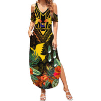 Papua New Guinea Manus Province Family Matching Summer Maxi Dress and Hawaiian Shirt Papua Niugini Coat Of Arms With Flag Style LT14 Mom's Dress Black - Polynesian Pride