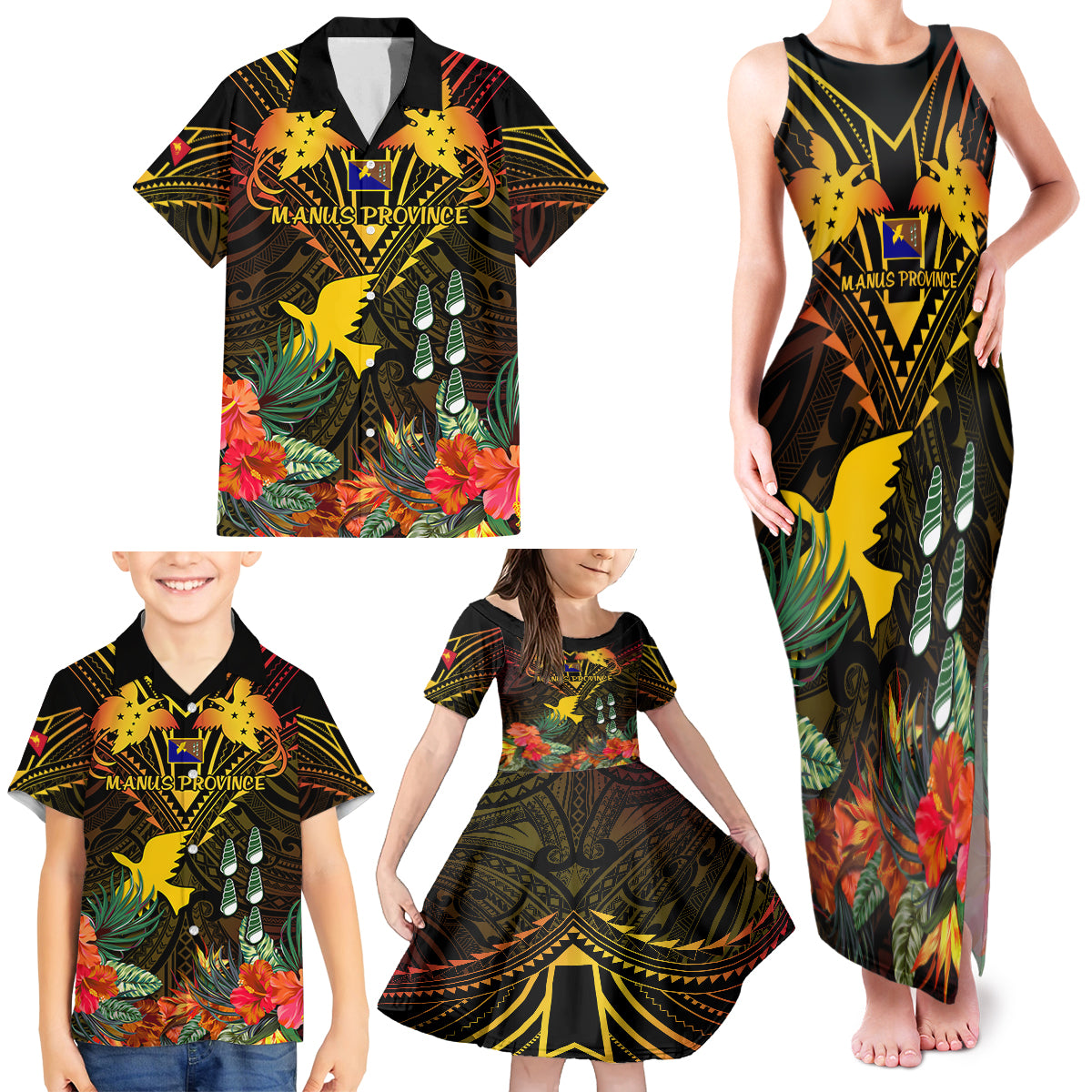 Papua New Guinea Manus Province Family Matching Tank Maxi Dress and Hawaiian Shirt Papua Niugini Coat Of Arms With Flag Style LT14 - Polynesian Pride