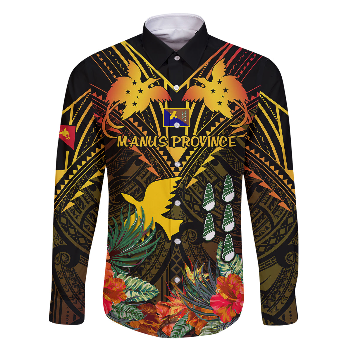 Papua New Guinea Manus Province Family Matching Tank Maxi Dress and Hawaiian Shirt Papua Niugini Coat Of Arms With Flag Style LT14 Dad's Shirt - Long Sleeve Black - Polynesian Pride