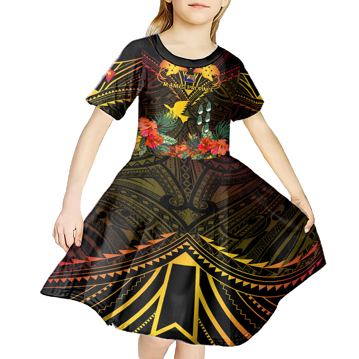 Papua New Guinea Manus Province Kid Short Sleeve Dress Papua Niugini Coat Of Arms With Flag Style LT14 - Polynesian Pride