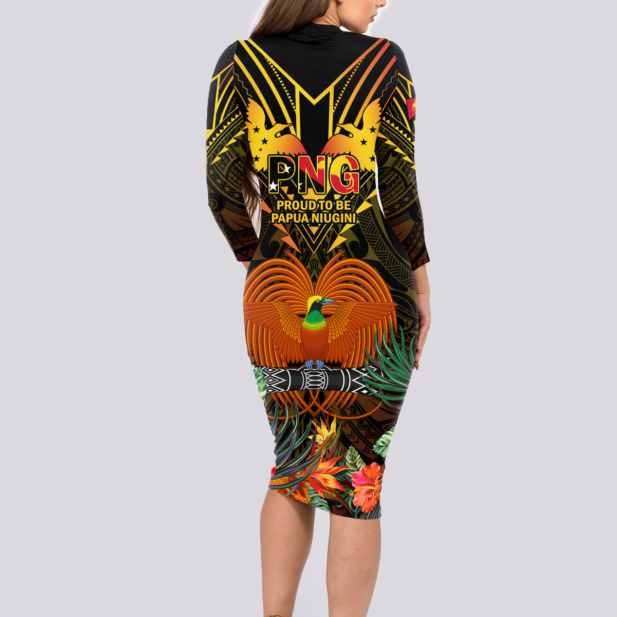 Papua New Guinea Manus Province Long Sleeve Bodycon Dress Papua Niugini Coat Of Arms With Flag Style LT14 - Polynesian Pride