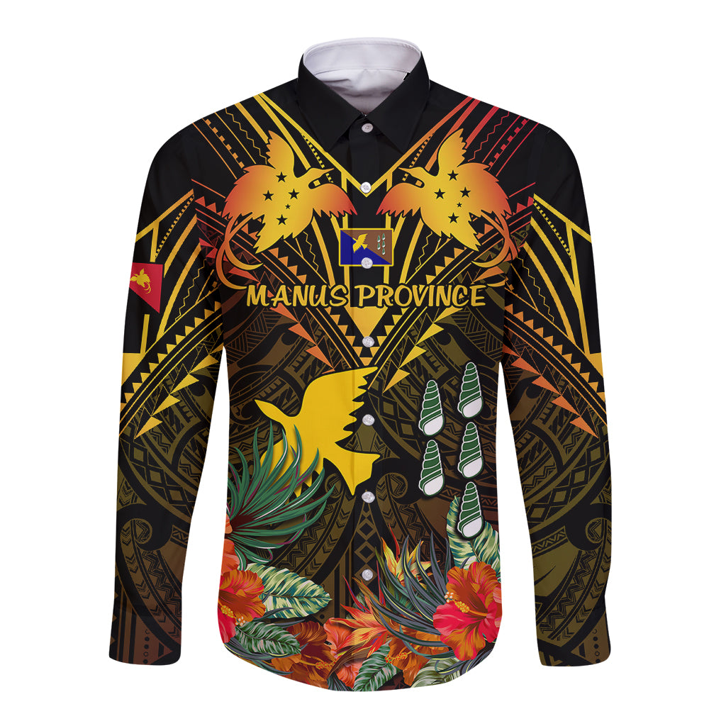 Papua New Guinea Manus Province Long Sleeve Button Shirt Papua Niugini Coat Of Arms With Flag Style LT14 Unisex Black - Polynesian Pride