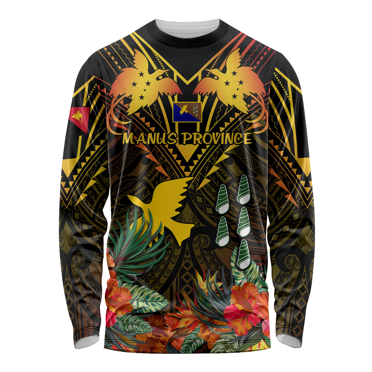 Papua New Guinea Manus Province Long Sleeve Shirt Papua Niugini Coat Of Arms With Flag Style LT14 Unisex Black - Polynesian Pride