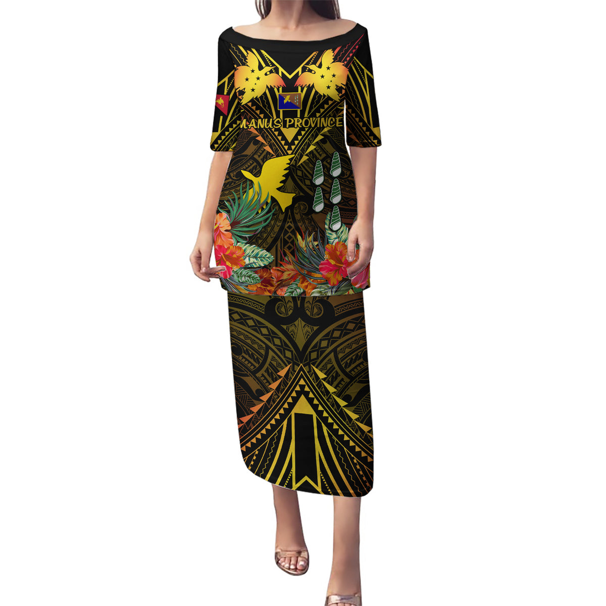 Papua New Guinea Manus Province Puletasi Papua Niugini Coat Of Arms With Flag Style LT14 Long Dress Black - Polynesian Pride