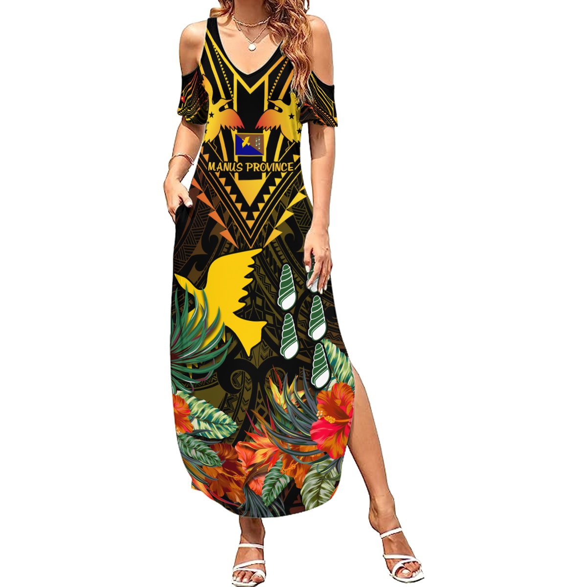 Papua New Guinea Manus Province Summer Maxi Dress Papua Niugini Coat Of Arms With Flag Style LT14 Women Black - Polynesian Pride